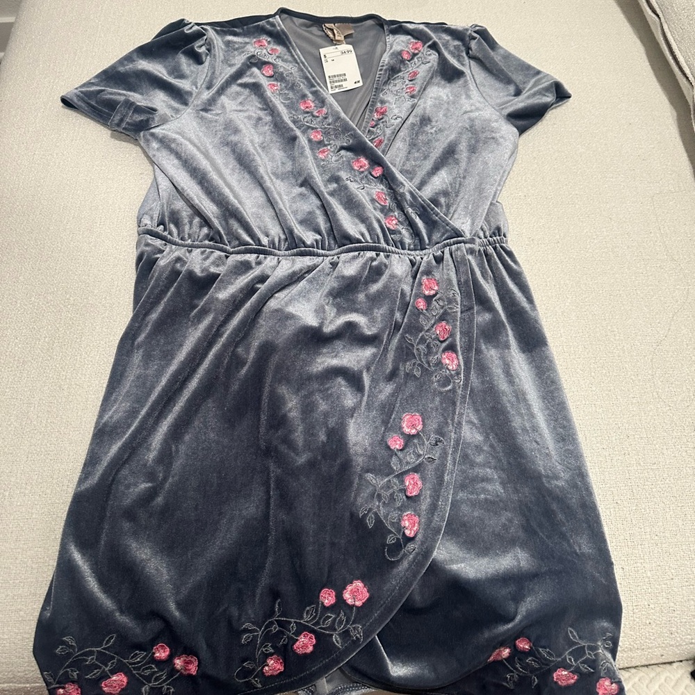 H&M Blue Velvet Dress with floral design Size 14